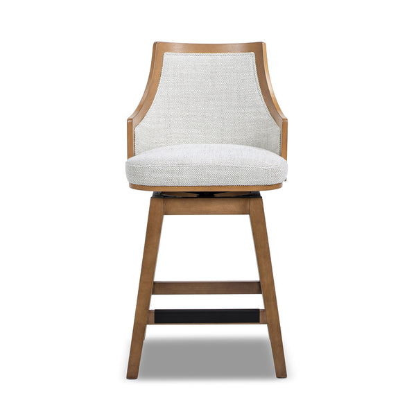 English Elm Jennifer Taylor Home - Bahama 26" Cane Rattan High-Back Swivel Counter Stool — Handmade Rubberwood, Two-Tone Gray Wool-Poly Blend, Brass Footrest B2719P395569