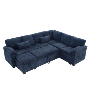 English Elm 97 Inch L-shaped Chenille Sectional Sofa with Sleeper Storage Ottoman 7 Seats Dark Blue W1669S00019