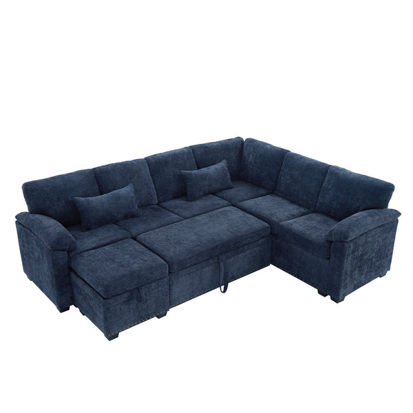 English Elm 97 Inch L-shaped Chenille Sectional Sofa with Sleeper Storage Ottoman 7 Seats Dark Blue W1669S00019