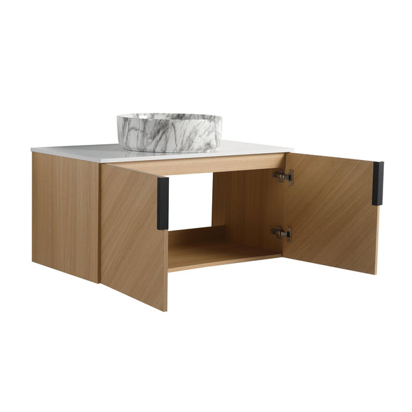 English Elm 36" Modern Wall-Mounted Bathroom Vanity With Soft-Close Doors, Ceramic Sink & Durable Oak Finish W999S00451