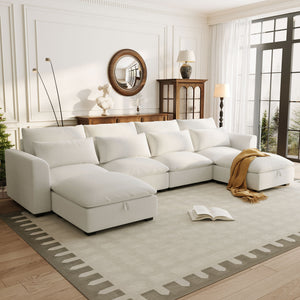 English Elm U_style Modular U-shaped Sectional Sofa Six Seat Linen Fabric with Storage Ottomans Beige WY000491AAA