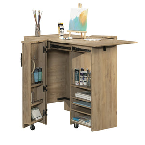 English Elm Craft Station with Drop-Leaf Extension, Brown Khaki Pine Finish — Compact Crafting Workstation w/ Storage B356P402737