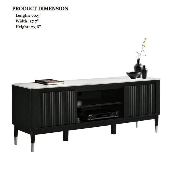 English Elm Contemporary Maidstone TV Console with Sintered Stone Top, Silver-Capped Arrow Legs, Open Storage Black,White 75 L x 21 W x 24 H B2741P402568