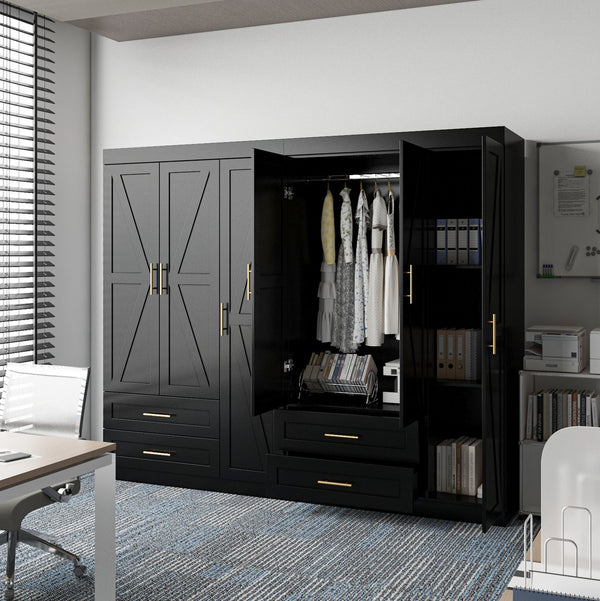 English Elm Shaker Three Door Wardrobe Armoire with Hanging Rod and Shelves for Bedroom Black T3210S00006