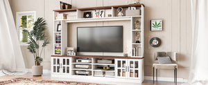 English Elm 95.5" Wide Modern Farmhouse Wall Unit with Tempered Glass Cabinets and Bookshelf Storage White SJ000157AAK