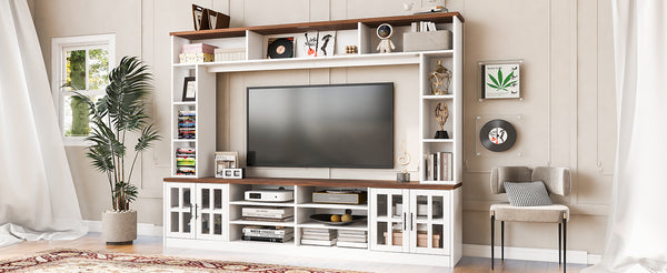 English Elm 95.5" Wide Modern Farmhouse Wall Unit with Tempered Glass Cabinets and Bookshelf Storage White SJ000157AAK