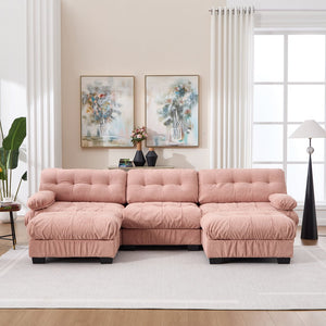 English Elm U Shaped Modular Cloud Sectional Deep Seat Flannelette Sofa with Rounded Bolster Armrests Pink W2120S00040