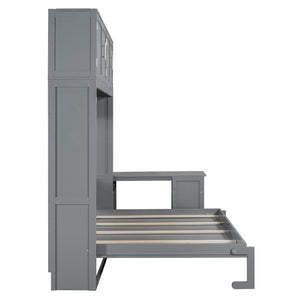 English Elm Queen Murphy Bed with Fold Down Desk Hydraulic Lift Storage Cabinets White N820S10034E-1