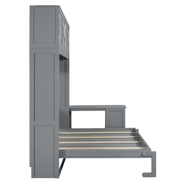 English Elm Queen Murphy Bed with Fold Down Desk Hydraulic Lift Storage Cabinets White N820S10034E-1
