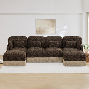 English Elm 131"comfy Chenille Leopard Print U-shaped Sectional with Tassel Trim and Modular Ottomans Brown W5656S00018