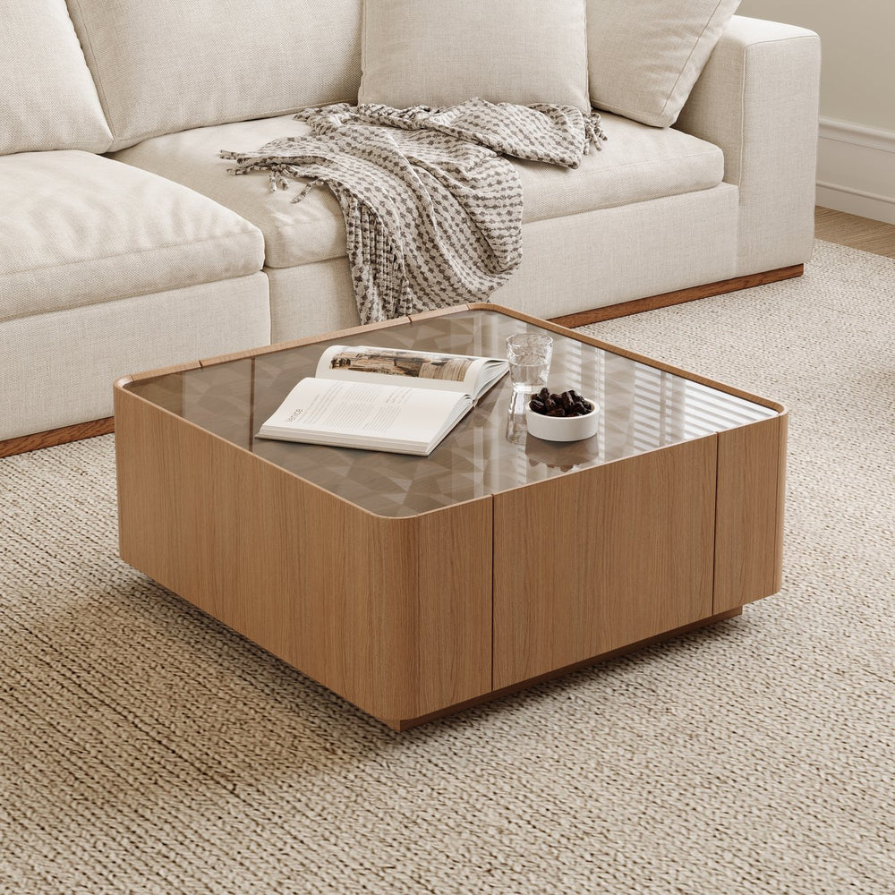 English Elm 31.5-inch Square Walnut Coffee Table Tempered Glass Top with Hidden Storage Drawers W2263P458486
