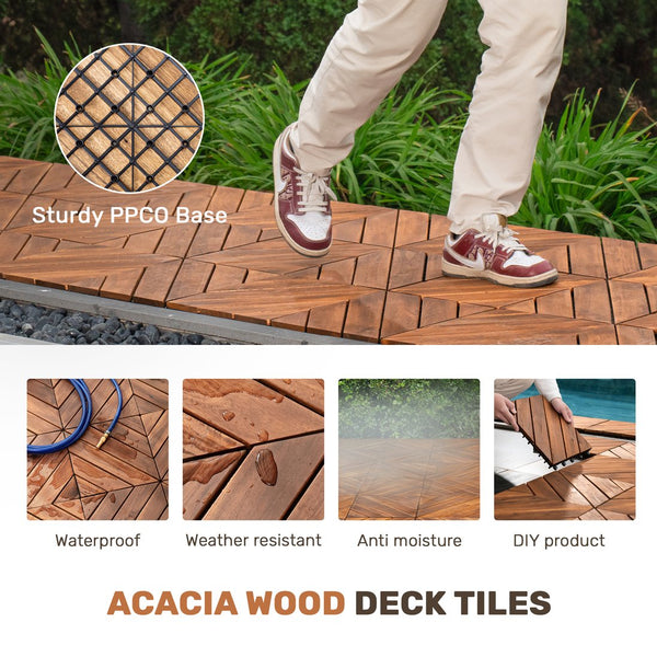 English Elm 27 Piece Acacia Hardwood Interlocking Patio Tiles Snap Together Outdoor Decking W2391P429280
