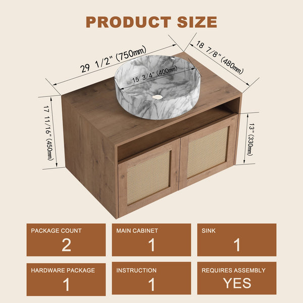 English Elm 30" Wall Mounted Bathroom Vanity Oak Finish Ceramic Art Sink Soft Close Storage W999S00493