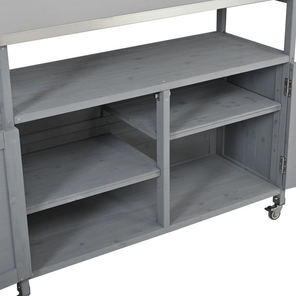 English Elm Foldable Outdoor Kitchen Cart with Stainless Worktop Fir Wood Frame and Lockable Wheels Grey N719P380279E