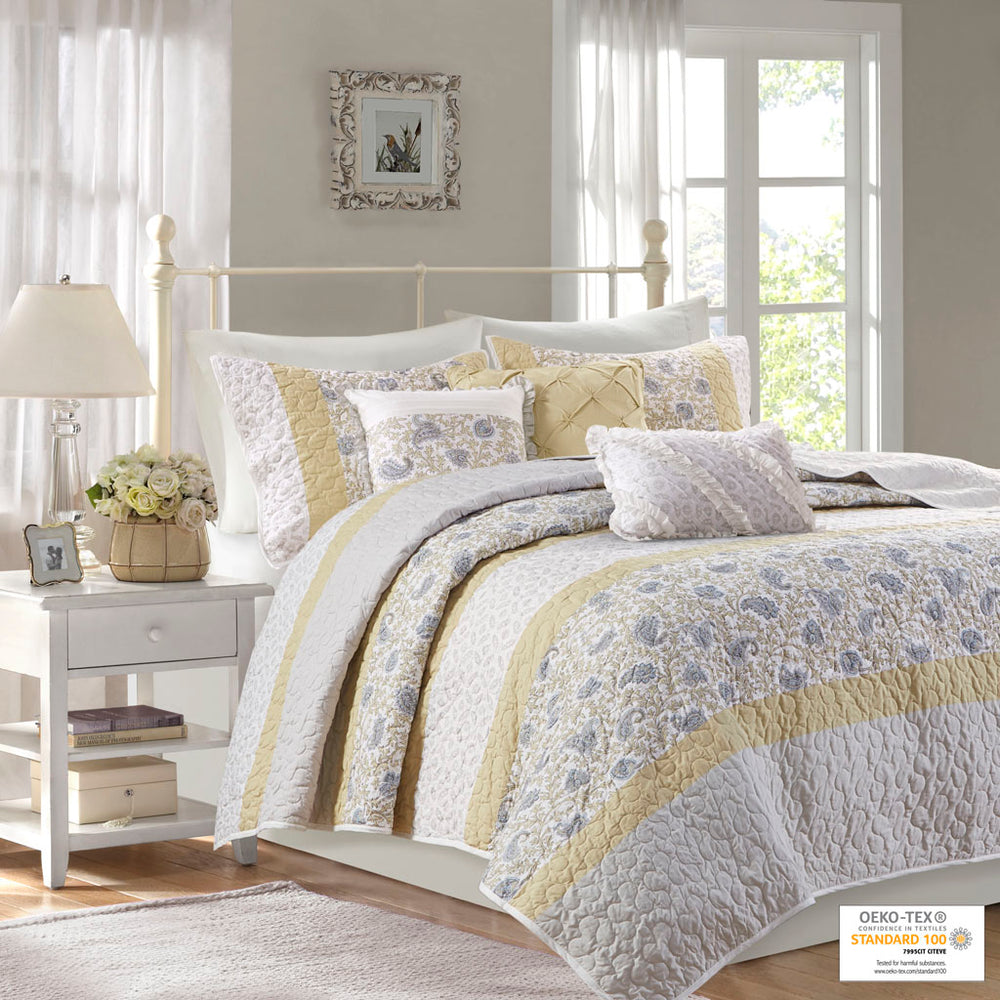 JLA Home Madison Park - 6 Cotton Percale Quilt Set with Lace Taping and Paisley Print, Reversible, OEKO-TEX Certified Comfort Yellow MP13-7284