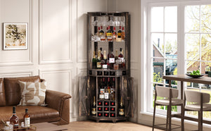 English Elm 67.3" Farmhouse Corner Bar Cabinet Led Lit Wine Storage with Built-in Power Outlets N735P361429D