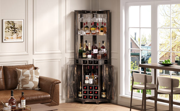 English Elm 67.3" Farmhouse Corner Bar Cabinet Led Lit Wine Storage with Built-in Power Outlets N735P361429D
