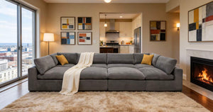 English Elm Coffee Bean Textured Upholstery Modular Sectional Low Profile Sofa with Toss Pillows Light Gray B2748S00071