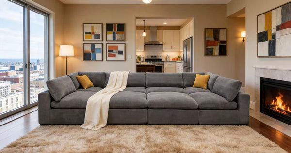 English Elm Coffee Bean Textured Upholstery Modular Sectional Low Profile Sofa with Toss Pillows Light Gray B2748S00071