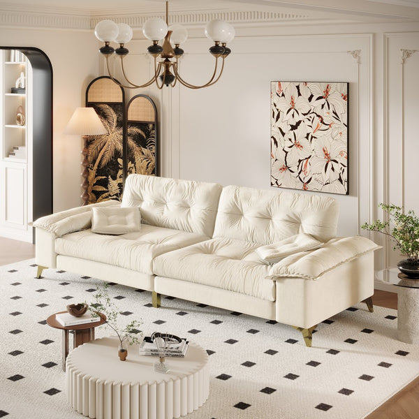 English Elm 104.7 Modern 4-Seat Cloud Sofa with Wide Removable Armrests, Tufted Chenille Comfort & Metal Legs Beige+White W1885S00182