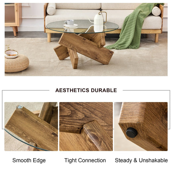 English Elm Circular glass coffee table 33.4" Modern round tempered glass top with wood MDF legs, 130 lb capacity, easy assembly W1151P143350