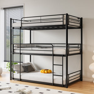 English Elm Triple Twin Metal Bunk Bed with Dual Ladders and Guardrails for Shared Rooms W840S00004