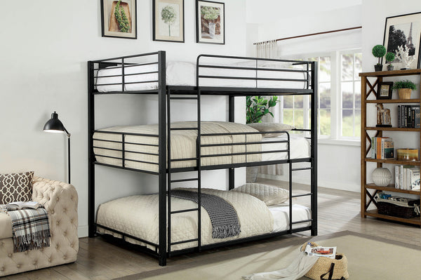 English Elm Full Triple Decker Bed with Two Ladders, Metal Guard Rails & Sturdy Full Metal Frame in Sand Black Finish B2741S00346