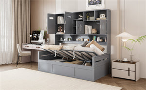 English Elm Twin Size Wooden Daybed With Hydraulic Lift & Integrated Storage Cabinet For Space-Saving Style N820S00046E-GIGA