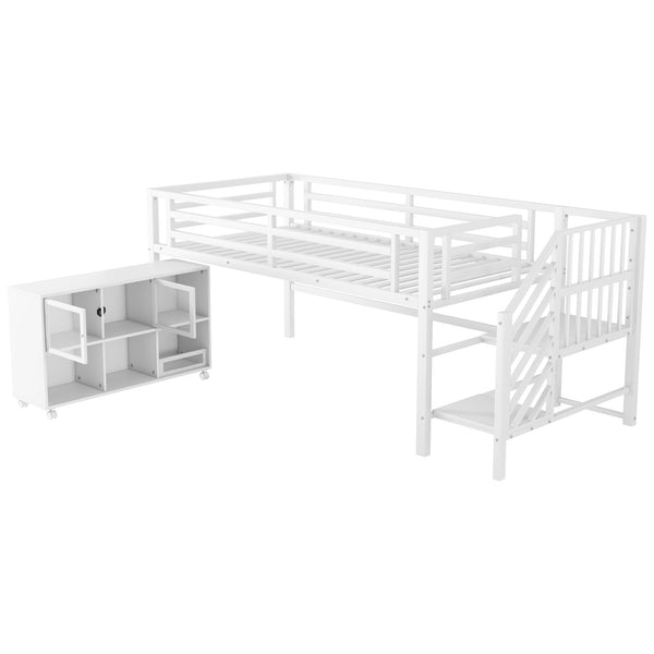 English Elm Twin Metal Loft Bed with Stairs and Six Storage Cubbies, Sturdy Metal Slat Support, Safe Low Design for Kids White 75.2 L x 17.72 W x 9.45 H W2593P305721
