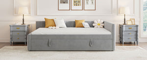 English Elm Full L-Shaped Upholstered Daybed with Twin Pop-Up Trundle, Vertical Stripe Design, Cozy Lounge Style (98) Gray SF000191AAE