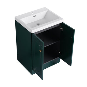 English Elm 24" Freestanding Bathroom Vanity with Resin Integrated Sink, Soft-Close Doors, Adjustable Shelf, Durable Plywood Finish Dark Green W999S00270