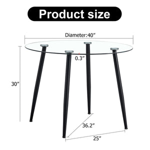 English Elm A 40-inch round glass dining table with black metal legs, minimalist design, seats 4-6, stable non-slip pads W1151S04047
