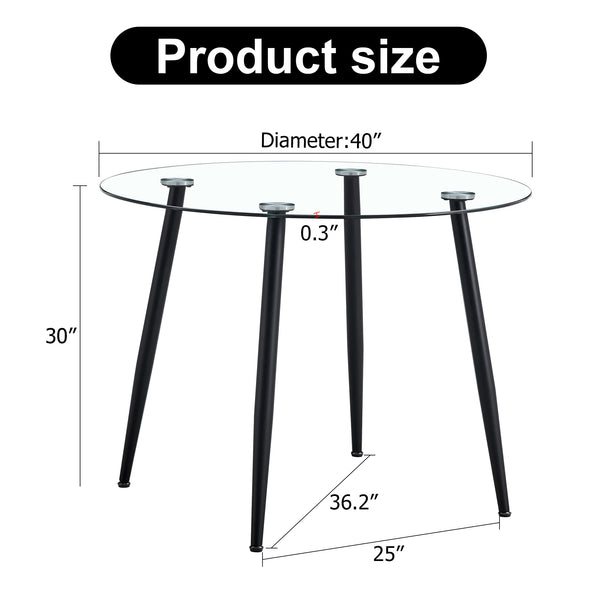 English Elm A 40-inch round glass dining table with black metal legs, minimalist design, seats 4-6, stable non-slip pads W1151S04047