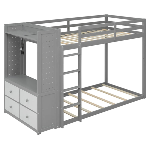 English Elm Twin Bunk Bed with Storage Drawers Hanging Rail Led Shelves and Pegboard Organizer Gray LT000282AAE