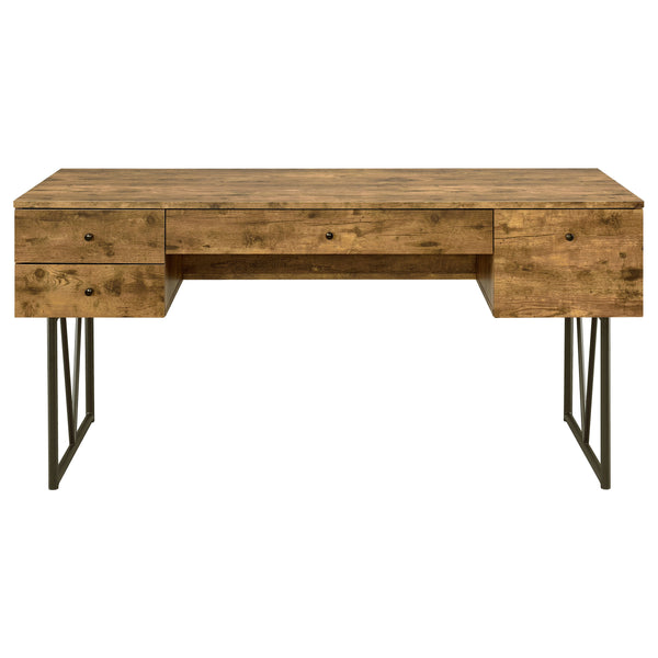 English Elm 1pc Rustic Industrial 63-inch 4-Drawer Writing Desk with Open Shelf, Wood Grain Top and Black Metal Legs Nutmeg Brown 74.21 L x 32.28 W x 6.5 H B011P362072