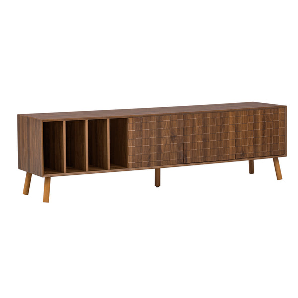 English Elm 70" Mid-Century Modern TV Stand with Lattice Wood Grain, 3 Cabinets & 4 Open Shelves, Walnut Elegance N710P222773P