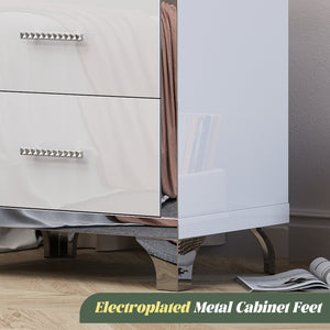English Elm High Gloss Mirrored 2 Drawer Nightstand Slim Metal Legs Modern Bedroom Side Table White W5271P416521
