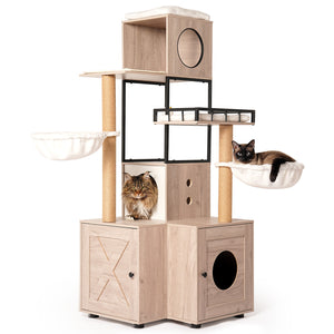 English Elm 63" Rustic Gray Cat Tower with Hidden Litter Enclosure Sisal Posts and Washable Perch W1687P304383
