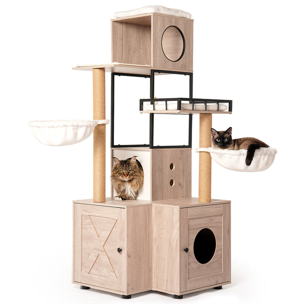 English Elm 63" Rustic Gray Cat Tower with Hidden Litter Enclosure Sisal Posts and Washable Perch W1687P304383