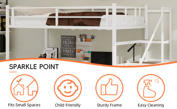 English Elm Loft loft bed with L-shaped desk, built-in storage stairs, 360° guardrail, sturdy iron frame for small rooms White W1935S00004