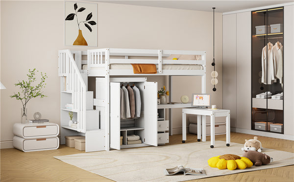 English Elm Queen Murphy Bed with Integrated Desk Cabinet Shelves Space Saving Studio Solution White N708S00013K