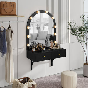 English Elm Floating Makeup Vanity Desk with LED 3-Mode Mirror, USB/Type-C Charging Port and Spacious Drawers Black N844P263662B