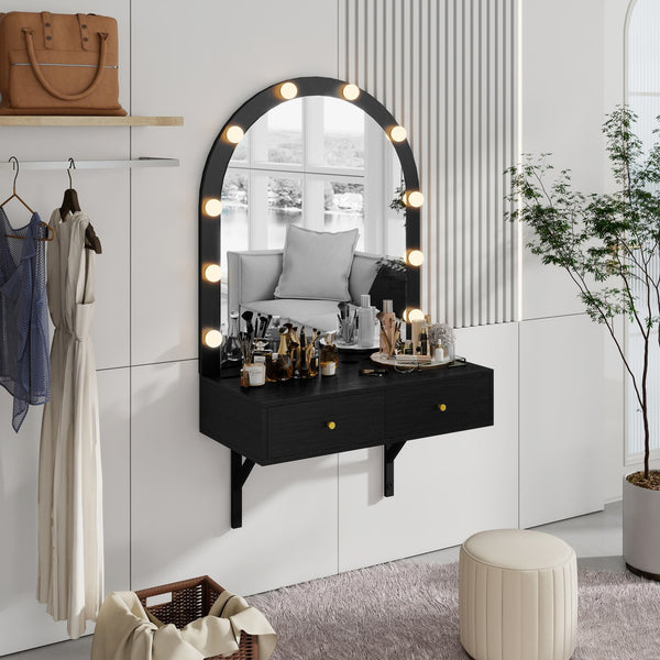English Elm Floating Makeup Vanity Desk with LED 3-Mode Mirror, USB/Type-C Charging Port and Spacious Drawers Black N844P263662B