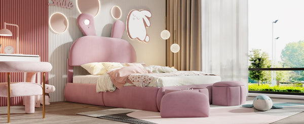 English Elm Full Pink Velvet Platform Bed Cartoon Ear Headboard Led Light Storage Stools N709P195300H-1