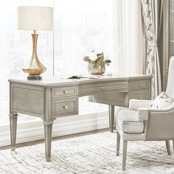 English Elm Jennifer Taylor Home - Dauphin Elegant 5-Drawer Executive Desk In Grey Cashmere With Gold Accents For Stylish Workspaces B2719P238476