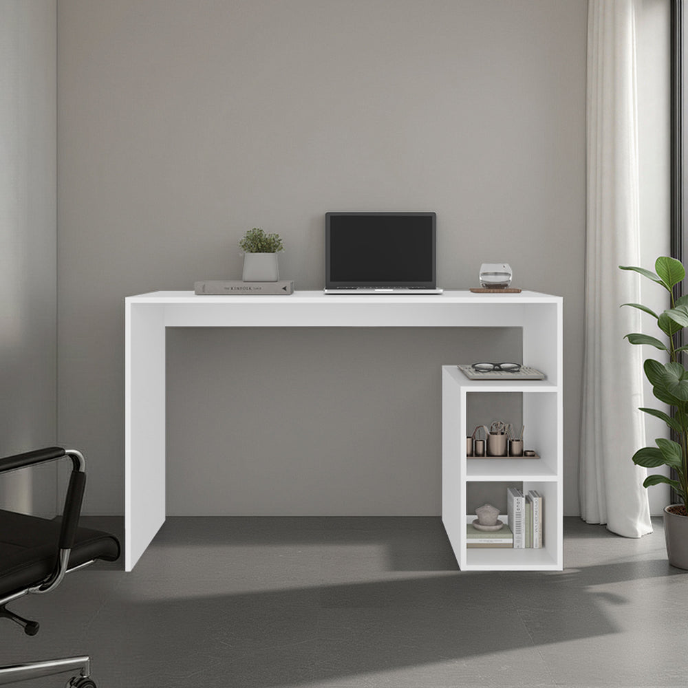 English Elm Solid Freestanding Writing Desk with Three Open Shelves for Modern Home Office Study White B200P462881