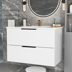 English Elm 36 Floating Bathroom Vanity with Ceramic Sink, Wall-Mounted 36" Modern Fluted Cabinet with Quiet Drawers Matte White 38.18 L x 22.83 W x 7.48 H W3520S00006