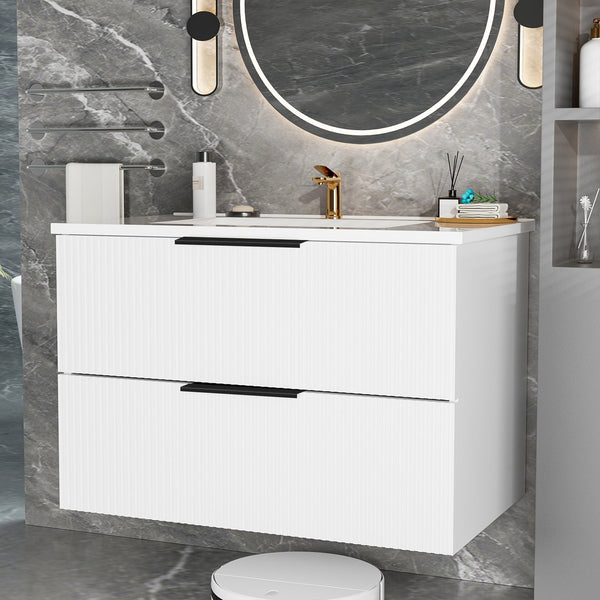 English Elm 36 Floating Bathroom Vanity with Ceramic Sink, Wall-Mounted 36" Modern Fluted Cabinet with Quiet Drawers Matte White 38.18 L x 22.83 W x 7.48 H W3520S00006