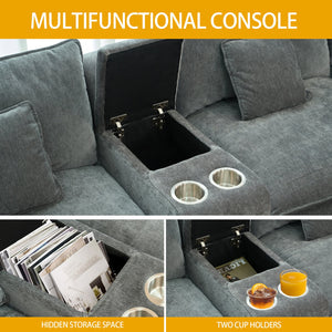 English Elm U Shaped Sectional Cloud Couch for Living Room 144" Plush Modular Sofa with Ottoman Storage Console Cupholders Grey W3276S00012