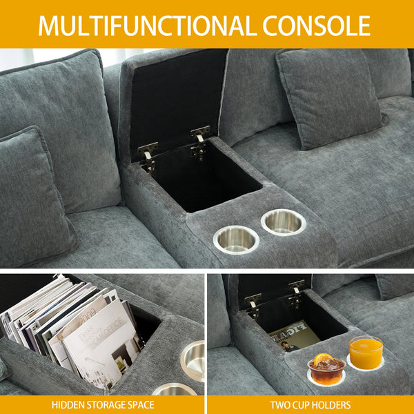 English Elm U Shaped Sectional Cloud Couch for Living Room 144" Plush Modular Sofa with Ottoman Storage Console Cupholders Grey W3276S00012